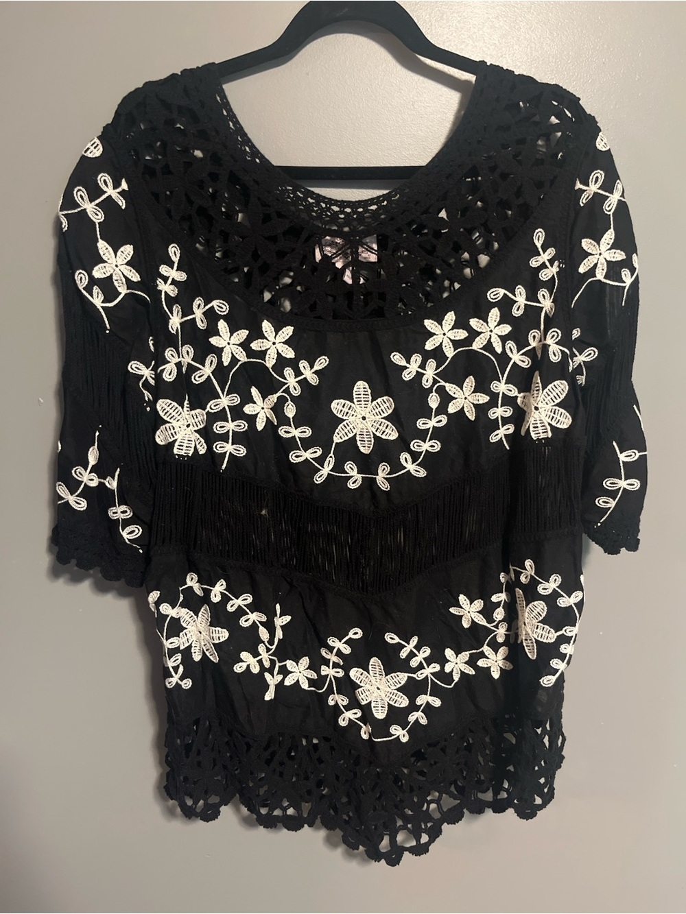 Olivers Black Tunic with White Floral Embroidery and Crochet Yoke